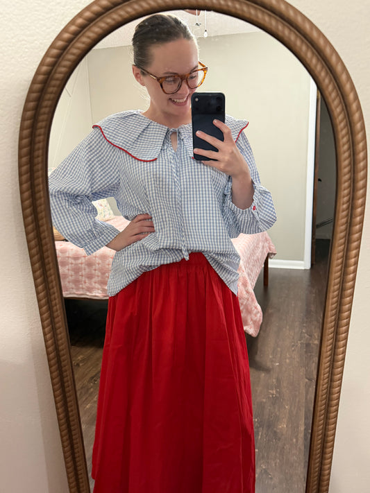 Gingham Red Trim Ruffle Top