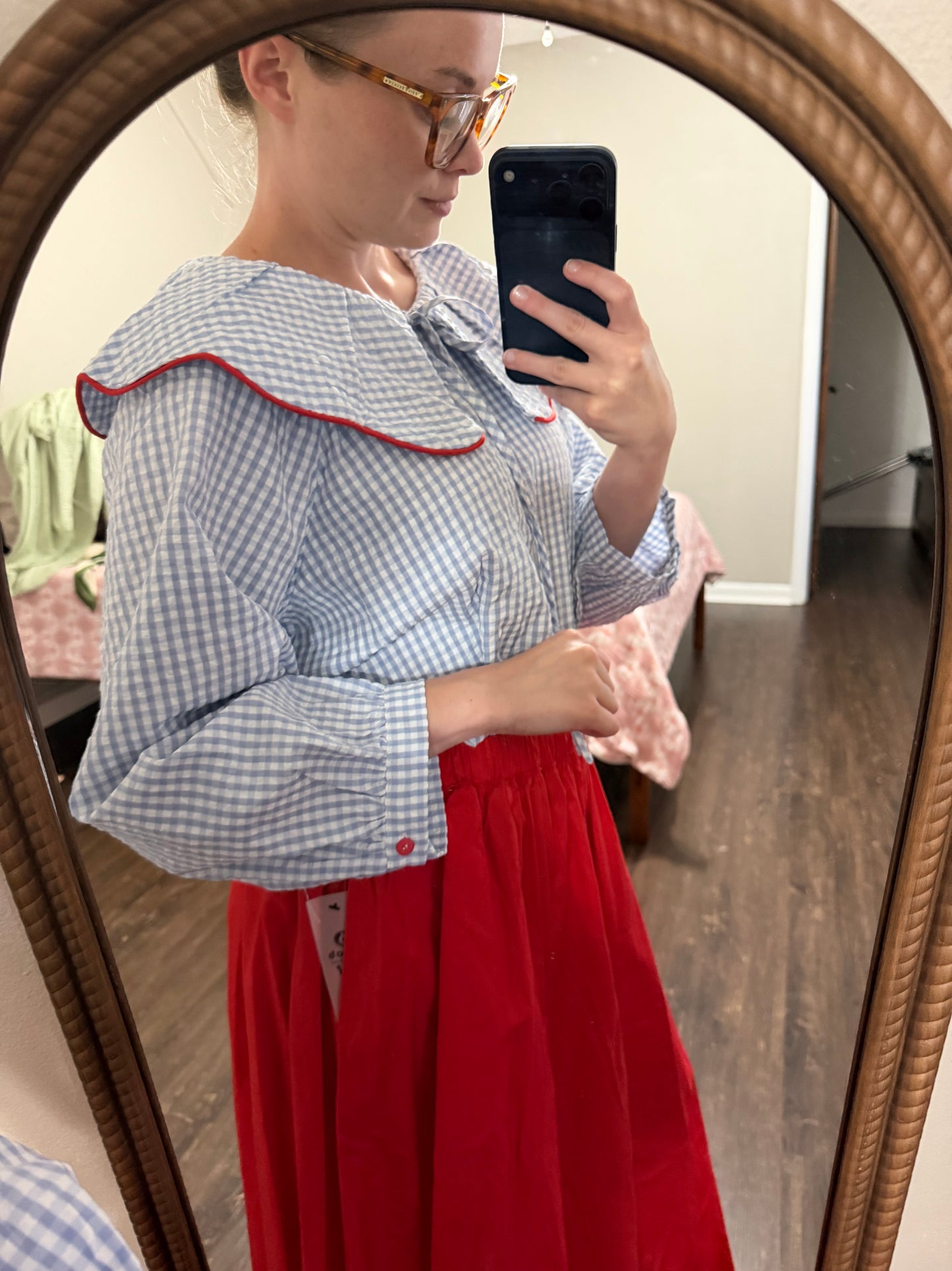 Gingham Red Trim Ruffle Top