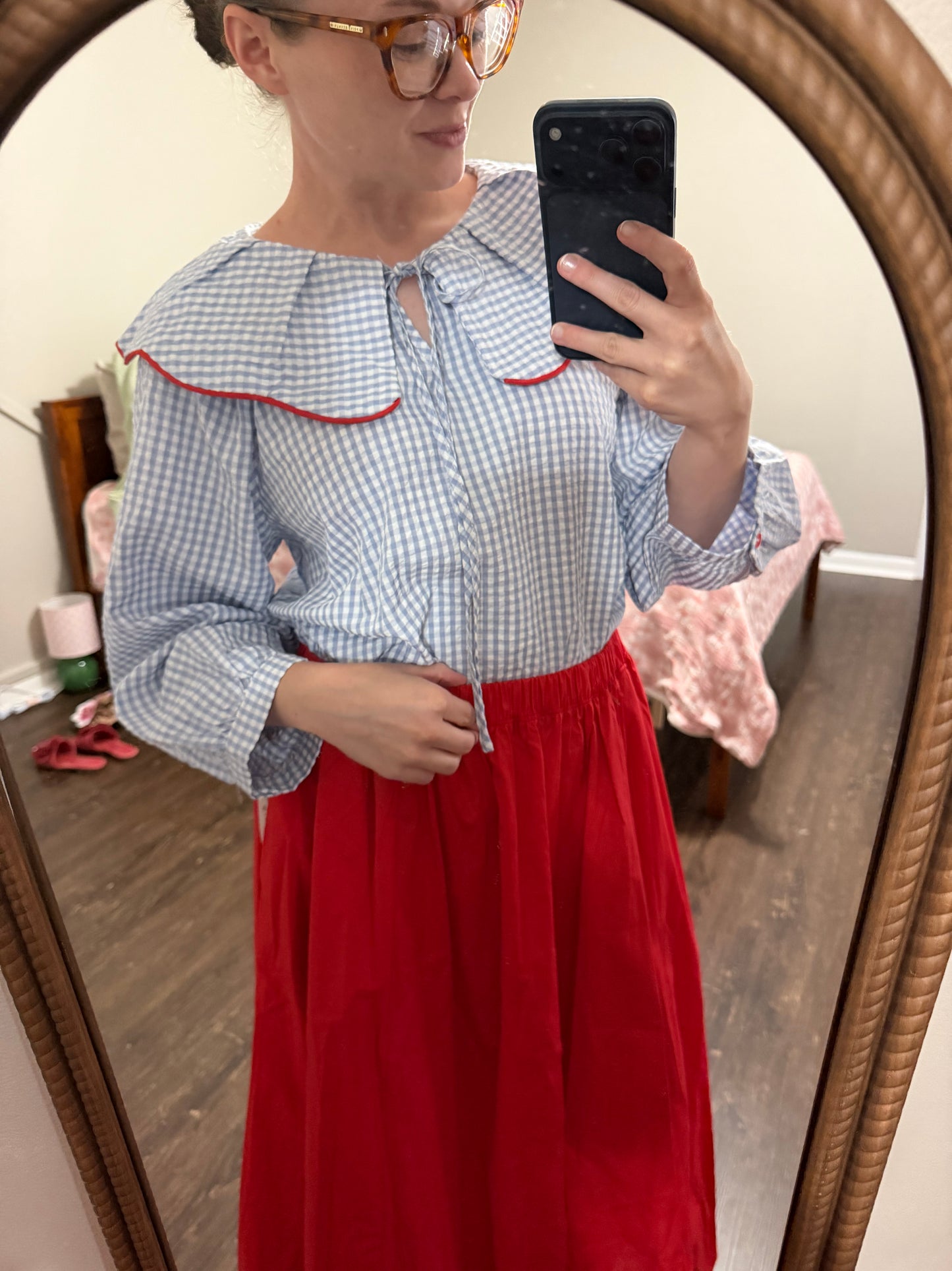 Gingham Red Trim Ruffle Top