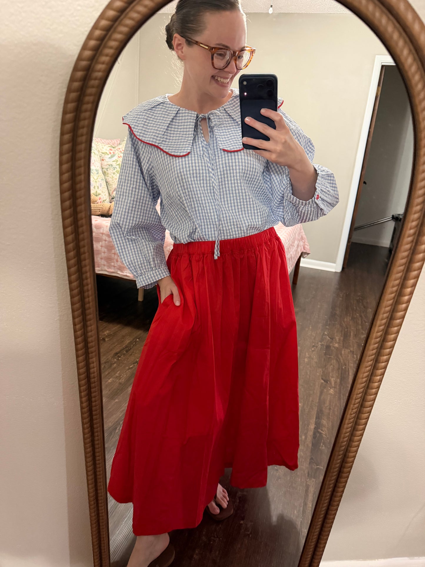 Gingham Red Trim Ruffle Top