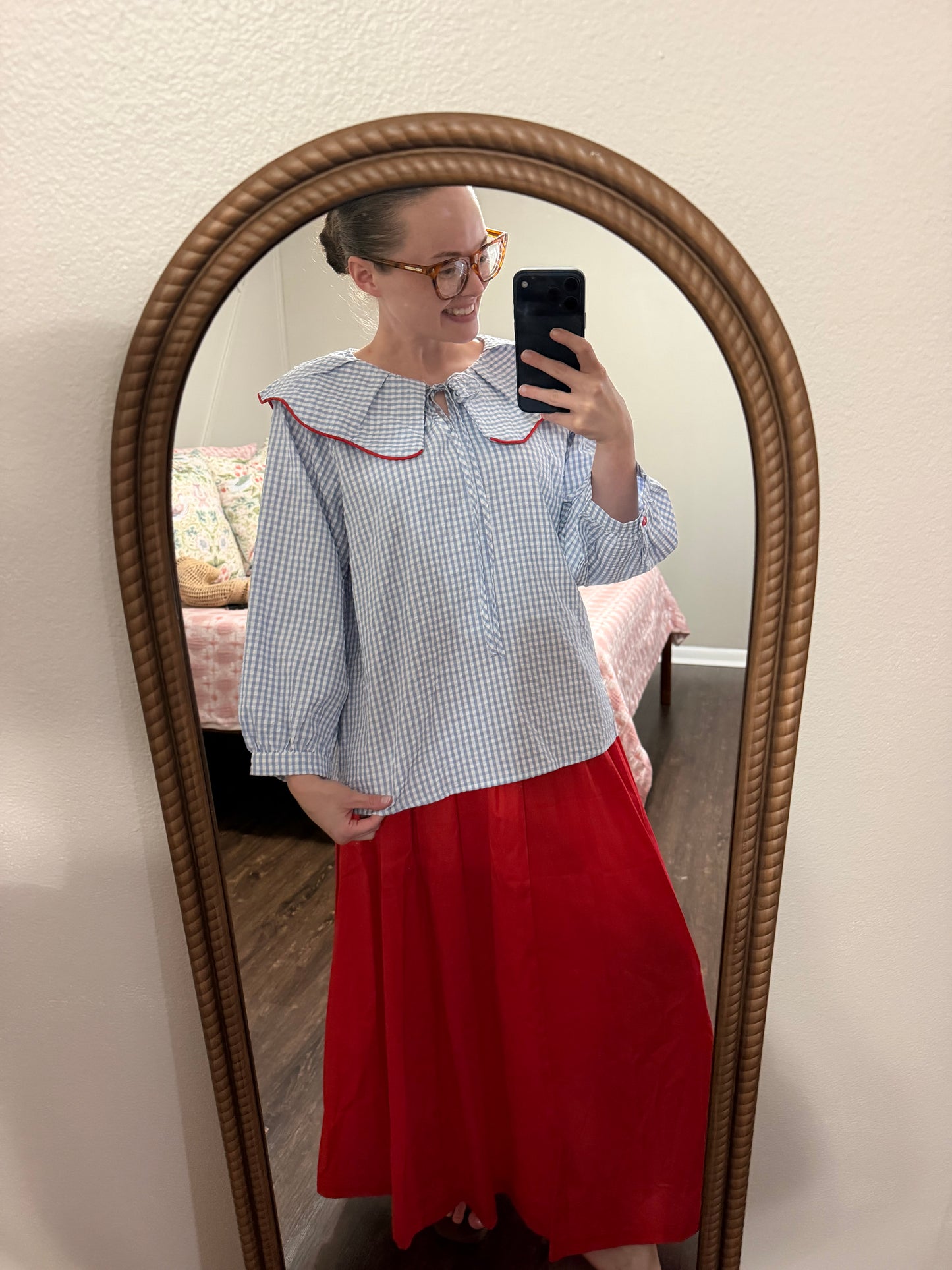 Gingham Red Trim Ruffle Top
