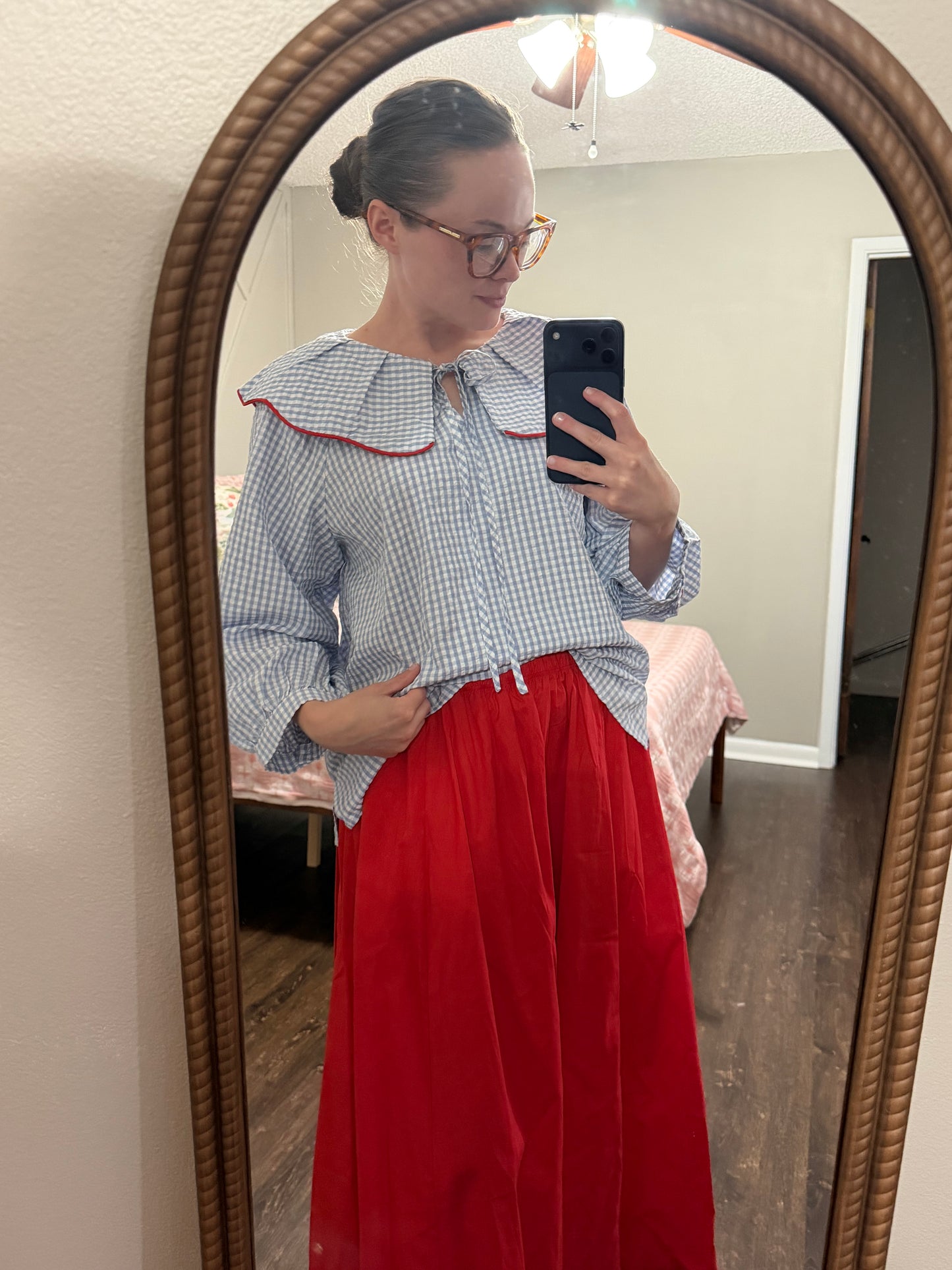 Gingham Red Trim Ruffle Top